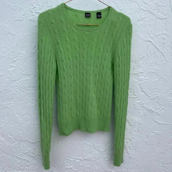 Saks Fifth Avenue Womens Cable Design Sweater Lime Green Sz Large 💯 CASHMERE - Picture 2 of 10